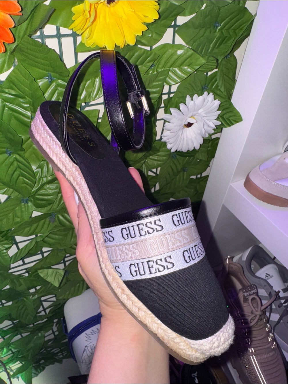 GUESS Black and White Logo Espadrille Slingback